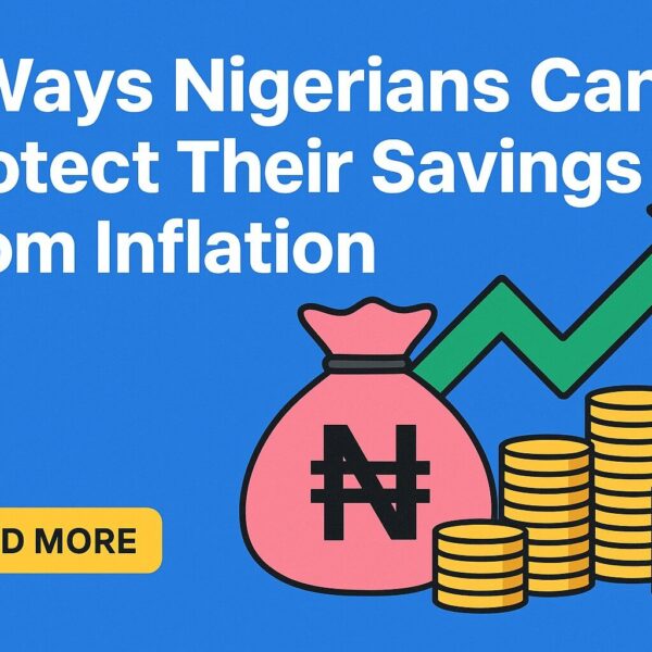 Illustration of a naira money bag, rising arrow, and stacked coins symbolizing how Nigerians can protect their savings from inflation