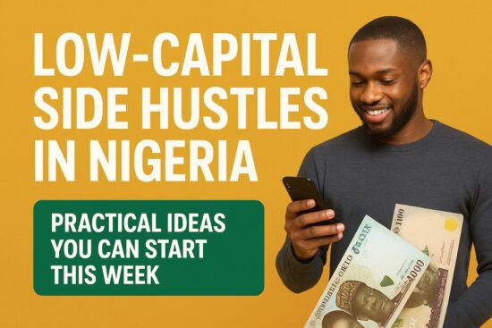 llustration showing low-capital side hustles in Nigeria, including digital skills, freelance work, mini-importation, and small online businesses.