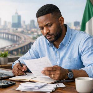 A calm Nigerian professional reviewing finances, representing financial control and stability over income.