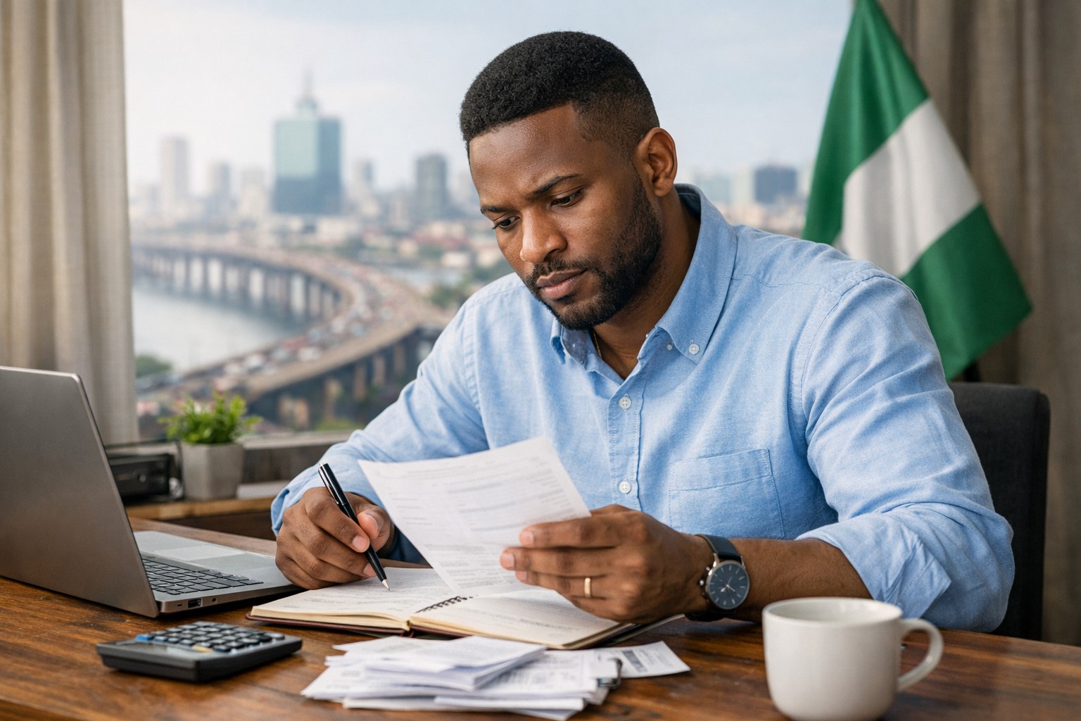 A calm Nigerian professional reviewing finances, representing financial control and stability over income.