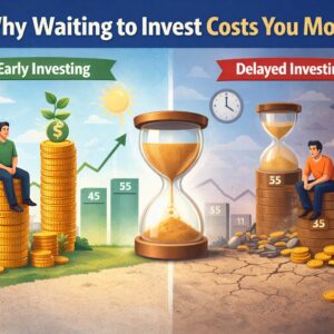 Illustration showing time passing and money compounding versus delayed investing