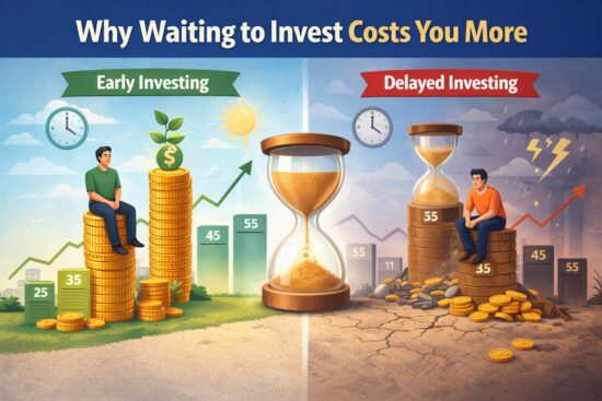 Illustration showing time passing and money compounding versus delayed investing
